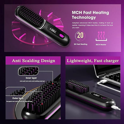 Go Brush Pro, Hair Straightener Brush Portable Gobrush Pro 2025 Cordless Hair Straightener for Travel (Black)