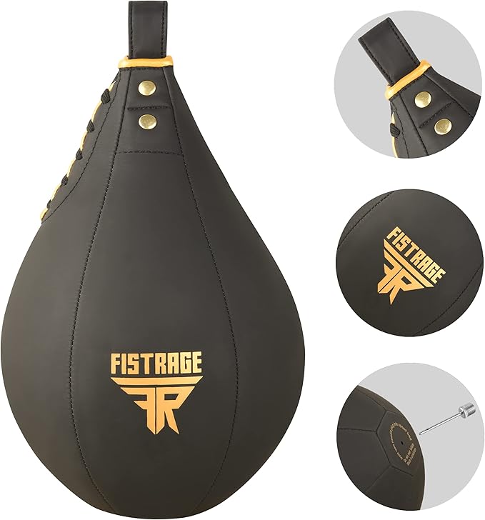 FISTRAGE Speed Bag Boxing Ball Leather MMA Muay Thai Training Punching Dodge Striking Kit with Free Hanging Swivel Workout Speedball Kicking Platform Equipment