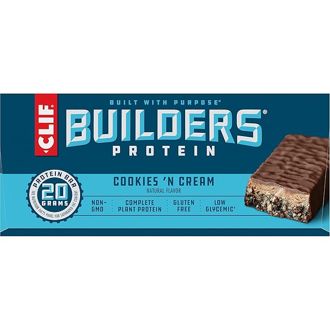 CLIF Builders - Cookies 'n Cream Flavor - Plant Based Protein Bars - Gluten Free - Non-GMO - Low Glycemic - 20g Protein - 2.4 oz. (12 Count)
