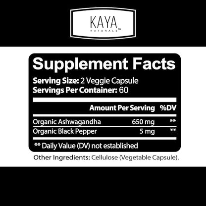 Kaya Naturals Organic Ashwagandha 1300mg, 120 Count Capsules for Stress Relief, Adrenal, Mood & Thyroid Support, Black Pepper and 100% Pure Ashwagandha -120 Capsules
