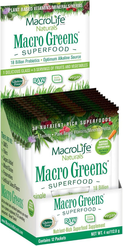 MacroLife Naturals Macro Greens Powder 38 Superfood Probiotic Antioxidant Enzyme & Herbal Supplement Immunity Energy Cleanse - Non-GMO Vegan Gluten-Free Dairy-Free - 12 Packet Servings