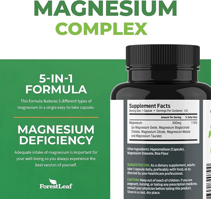 ForestLeaf Magnesium Complex 500mg - Magnesium 500mg Capsules - Magnesium Supplement 500 mg - Magnesium for Sleep, Magnesium for Constipation - Magnesium Supplement for Women (120 Ct)