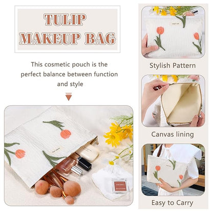 ZLFSRQ Tulip Makeup Bag for Women Floral Cosmetic Pouch for Purse Zipper Cosmetic Bags Large Capacity Quilted Canvas Cute Aesthetic Flower Makeup Bags Gift Travel Toiletry Makeup Organizer