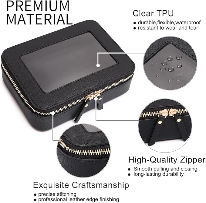 Clear Makeup Bag Transparent Travel Case for Cosmetics and Toiletries Women's Brush Bag and Clear Car Bag with Zipper (Black, M+)