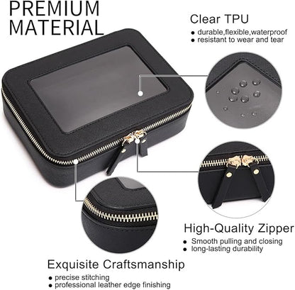 Clear Makeup Bag Transparent Travel Case for Cosmetics and Toiletries Women's Brush Bag and Clear Car Bag with Zipper (Black, M+)