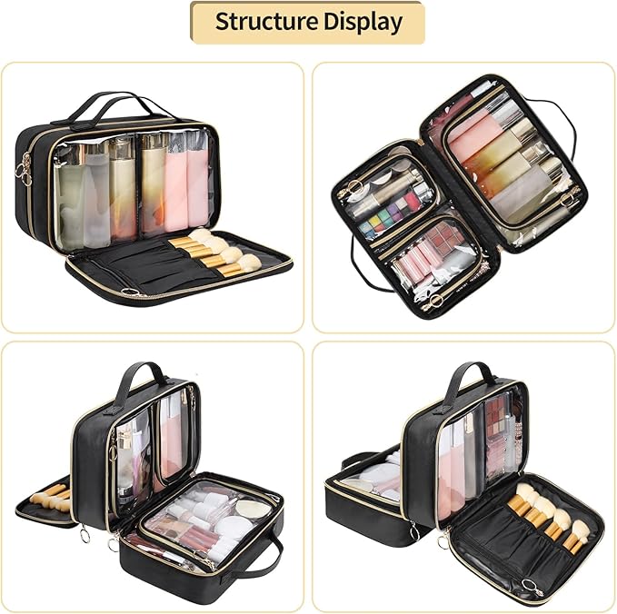 OCHEAL Travel Toiletry Bag, Double Layer Clear Makeup Bag Organizer Large Capacity Cosmetic Bag for Traveling Women Beauty Essentials, Multiple Compartments Makeup Case- Black