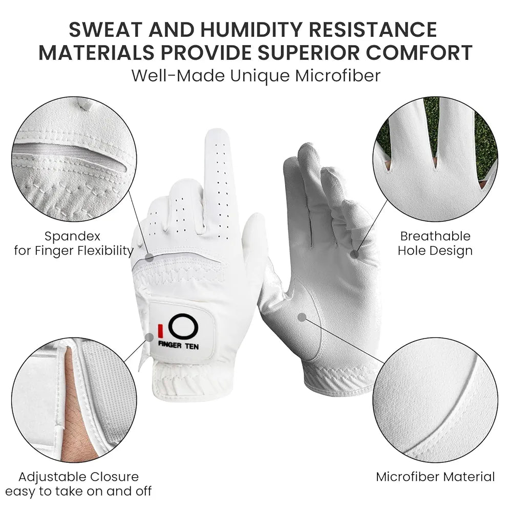 FINGER TEN Golf Gloves Men Left Hand Rain Grip Glove for Right Handed Golfer Value 3 Pack, All Weather Durable Grip Size Small Medium Large XL White Black Blue