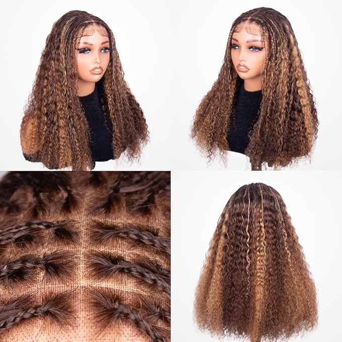 Ombre Braided Wigs for Black Women 200% Density Glueless Wigs Human Hair Pre Plucked Pre Cut 9x6 Blonde Highlight Lace Front Wig Deep Wave Human Hair（4/27 Coloured Curly）17inch