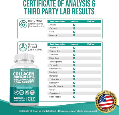 Collagen 1000 mg Biotin 10000 mcg Kerarin Blend 500mg Saw Palmetto 2500mg Folate 1000 mcg with Hyaluronic Acid Vitamin C E Paba Keratin MSM Quercetin Mineral Supplements, 60 Capsules