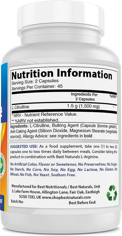 Best Naturals L-Citrulline Capsules - 1500mg/Serving - Non-GMO - Gluten Free - 90 Capsules (90 Count (Pack of 1))