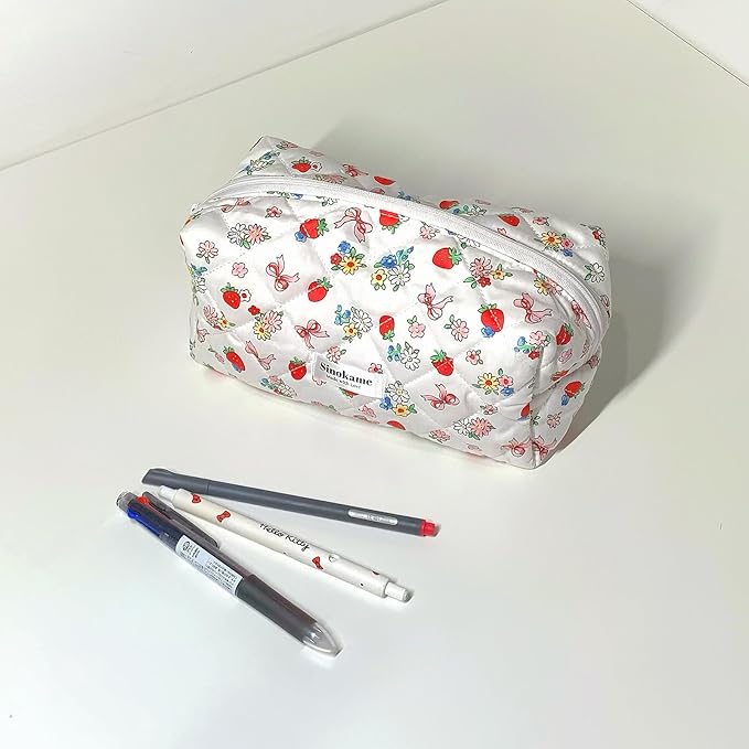 Quilted Makeup Bag, Handmade Strawberry Cosmetic Bag Pencil Case Coquette Aesthetic Floral Makeup Organizer Bag, Travel Skincare Toiletry Brushes Organizer(White Berries)