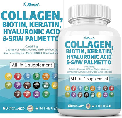 Collagen Pills 1000mg Biotin 10000mcg Keratin Saw Palmetto 2500mg Hyaluronic Acid - Hair Skin and Nails Vitamins and DHT Blocker with Vitamin E Folic Acid Pumpkin Seed MSM for Men and Women,60 Count