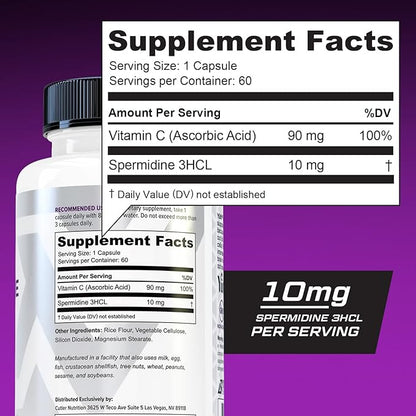 Cutler Nutrition Advanced High Absorption Spermidine Supplement 99% Standardized Spermidine Supplement for Men & Women for Enhanced Longevity Heart Health Telomere and Brain Support (60 Servings)