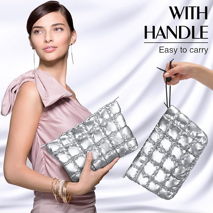 Hillban Puffy Quilted Makeup Bag Quilted Cosmetic Bag Cute Puffer Toiletry Checkered Pouch Aesthetic Travel Makeup Brushes Organizer(Silver,Classic)