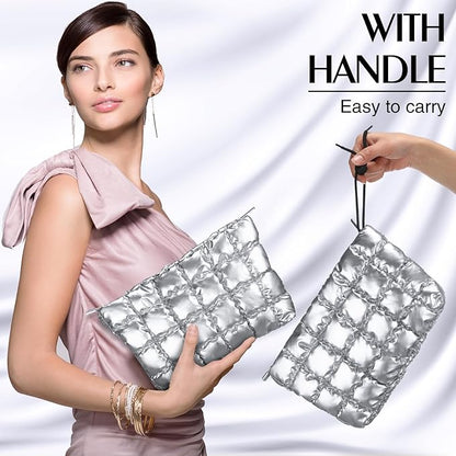 Hillban Puffy Quilted Makeup Bag Quilted Cosmetic Bag Cute Puffer Toiletry Checkered Pouch Aesthetic Travel Makeup Brushes Organizer(Silver,Classic)