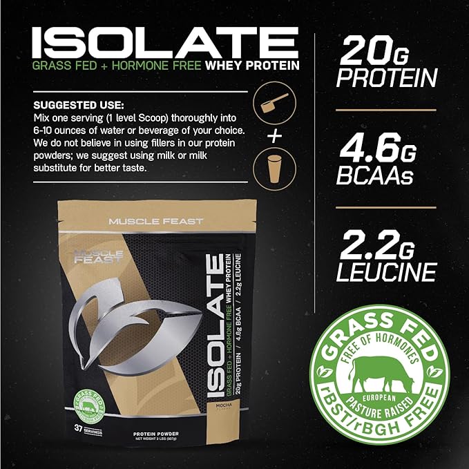 Muscle Feast Grass-Fed Whey Protein Isolate, All Natural Hormone Free Pasture Raised, Mocha, 2lb