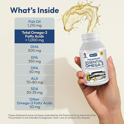 ANDREW LESSMAN Maximum Essential Omega-3 Unflavored, 360 Softgels - Ultra-Pure Omega-3 Fish Oil 1200 mg - High DHA, No Mercury Fish Oil Omega 3 Supplement - Small, Easy to Swallow Fish Oil Capsules