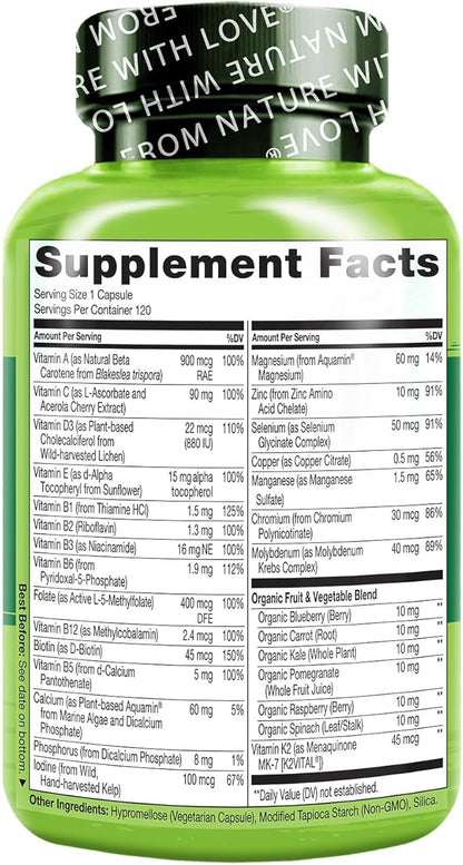 NATURELO One Daily Multivitamin for Women 50+ (Iron Free) - Menopause Support for Women Over 50 - Whole Food Supplement - Non-GMO - No Soy - 120 Capsules - 4 Month Supply