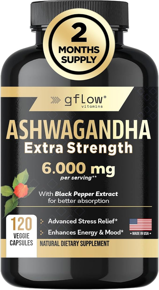 Ashwagandha Supplements - ashwagandha Powder Capsules Extra Strength 6000mg with Black Pepper | Mood Support, Focus, Energy Support | Vegan Friendly, Non-GMO, USA Made