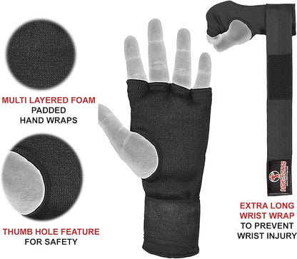 FIGHTSENSE Padded Gel Inner Boxing Gloves for Men and Women with Long Elasticated Hand Wraps for Punching, Boxing, MMA, Muay Thai, Kickboxing and Martial Arts Training (Pair)