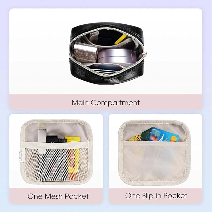 Wandering Nature Small Makeup Bag for Purse Mini Make up Pouch Cute Cosmetic Pouch for Women with Slip-in Pockets Eco Vegan Leather, Black