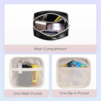 Wandering Nature Small Makeup Bag for Purse Mini Make up Pouch Cute Cosmetic Pouch for Women with Slip-in Pockets Eco Vegan Leather, Black