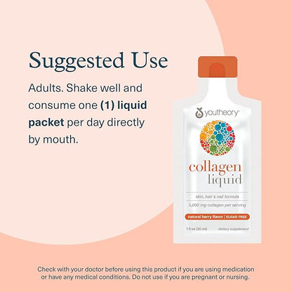 Youtheory Collagen Liquid - 5,000 mg Hydrolyzed Collagen - for Hair, Skin & Nails* - Sugar, Dairy & Soy Free - Berry Flavor - 12 Single Serving Packets