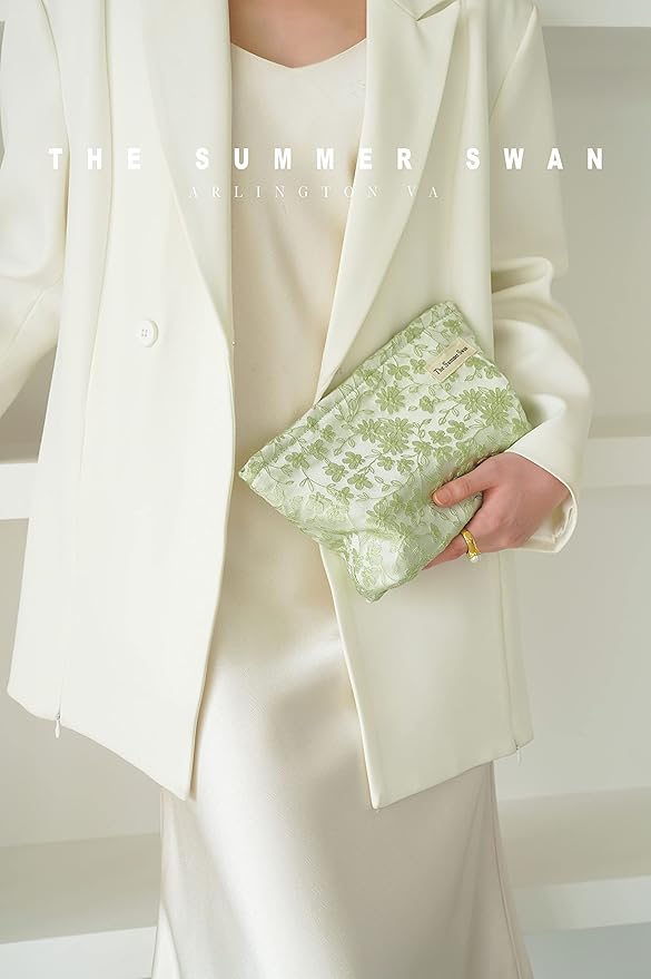 The Summer Swan | Floral Cosmetic Bag｜Large Aesthetic Travel Makeup Bag | Personal Item Bag | Preppy Makeup Pouch | Skincare Bag (Embroidery Green)