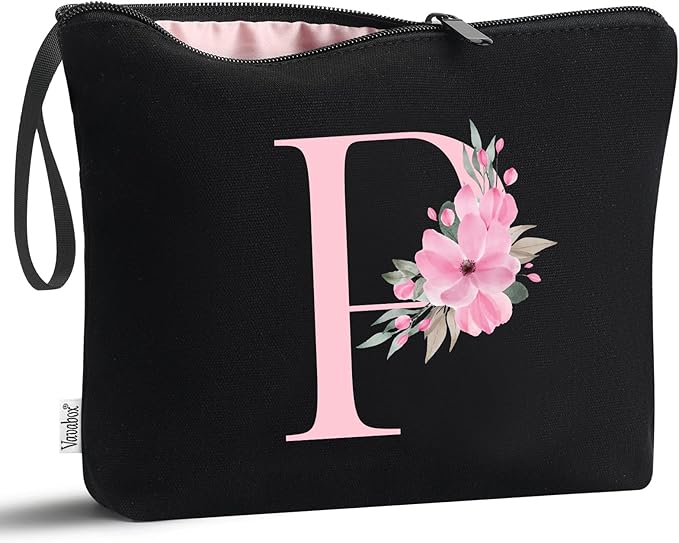 Vavabox A-Z Personalized Makeup Bag, Birthday Gifts for Women Mom, Gifts for Best Friend, Bride Bridesmaid Cosmetic bag (P, Black)