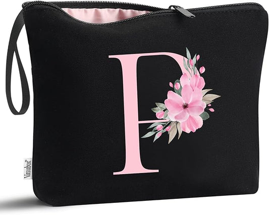 Vavabox A-Z Personalized Makeup Bag, Birthday Gifts for Women Mom, Gifts for Best Friend, Bride Bridesmaid Cosmetic bag (P, Black)