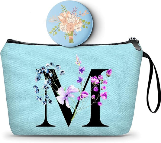 SEAMOON Women Birthday Maid of Honor Monogrammed Gifts for Bride Bridesmaid Sister Friend Her Teacher Makeup Cosmetic Bag with Mirror Mothers Day Christmas Graduation M