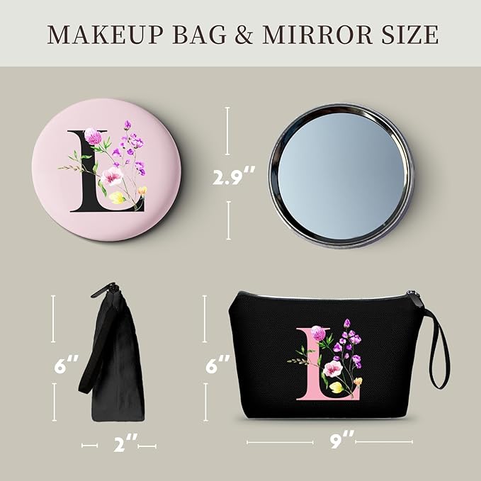 SEAMOON Women Birthday Unique Initial Funny Gifts for Teenage Girl Sister Friends Bridesmaid Personalized Travel Make up Cosmetic Bag with Mirror Valentines Mothers Day Christmas Graduation L