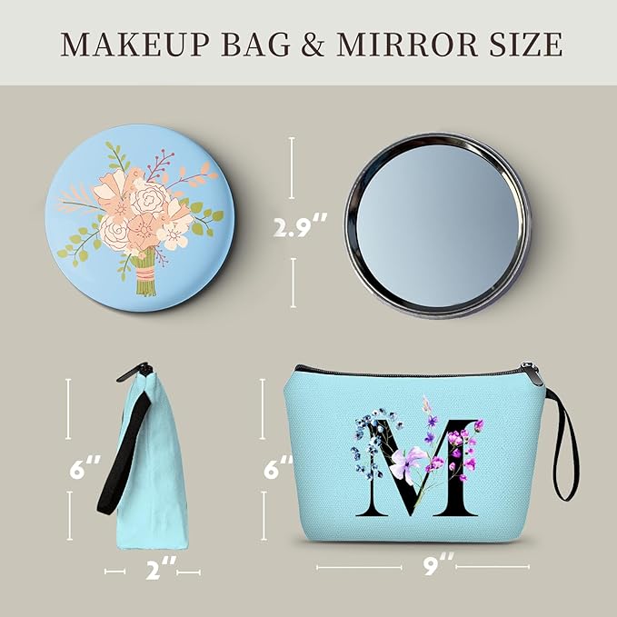 SEAMOON Women Birthday Maid of Honor Monogrammed Gifts for Bride Bridesmaid Sister Friend Her Teacher Makeup Cosmetic Bag with Mirror Mothers Day Christmas Graduation M