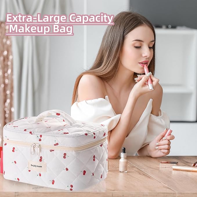 Cute Pink Cherry Quilted Makeup Bag, Large Capacity Travel Cosmetic Bag for Women and Girls, Aesthetic Storage for Daily and Travel Use,or for travel toiletry bag