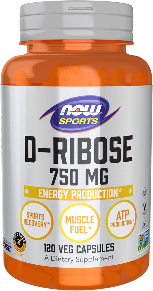 NOW Sports Nutrition, D-Ribose 750 mg, Certified Non-GMO, Energy Production*, 120 Veg Capsules