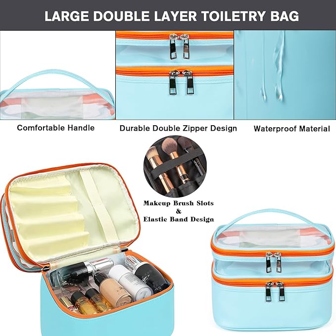 FITINI 3 Pieces Makeup Bags Double Layer Travel Large Cosmetic Cases Organizer Toiletry Bags Waterproof Small Zipper Pouch for Women Makeup Brush Storage Bag,Light Blue