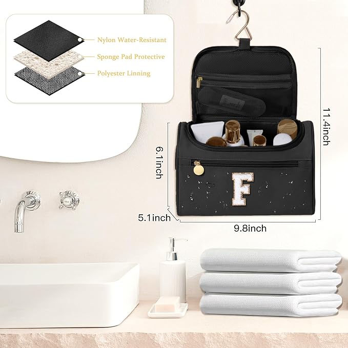 COSHAYSOO Christmas Valentines Galentines Day Fall Travel Gifts for Women Friend Sister Bestie Happy Birthday Party Favor Present, Large Hanging Toiletry Bag Skin Care Toiletries Black Letter F