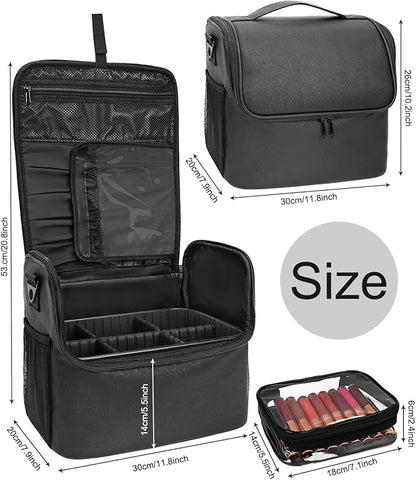 Travel Makeup Bag, Tattoo Case with 4 Inner Removable Pouches, Professional Cosmetic Case Makeup Artist Bag Organizer Box with Adjustable Dividers (Medium, Black)