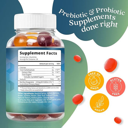 BeLive Synbiotics - Probiotic & Prebiotic Fiber Gummies – High Strength Inulin (3g), Dietary Fiber Supplement, Digestive Support for Kids & Adults - Strawberry, Lemon, Blueberry Flavor (60Ct)