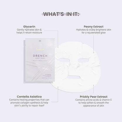 Karuna Skin - DRENCH Hydrating Sheet Mask, Pore-Minimizing Facial Skin Care Products, Hydrating Sheet Masks with Pear Extract & Peony, Face Mask for Skin with Acne & Dark Spots, 0.74 fl. oz./22 ml