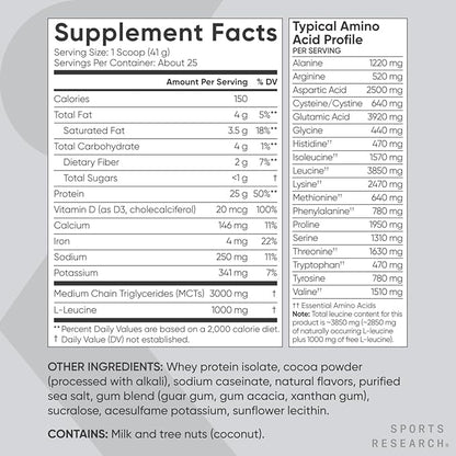 Sports Research Whey Protein Isolate - Sports Nutrition Protein Powder 25g per Scoop - 2lb Bag Whey Protein - Dutch Chocolate Bulk Protein Powder, 25 Servings