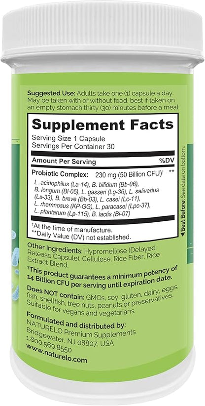 NATURELO Probiotics for Digestive Health - 50 Billion CFU, 11 Strains Daily Supplement - Boosts Immune System, Delayed Release, 30 Vegetarian Capsules