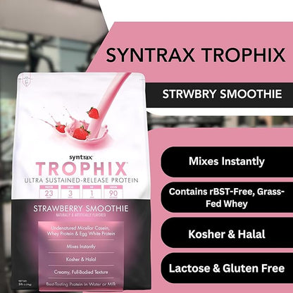 Syntrax Bundle: Trophix Undenatured Casein Protein Strawberry Smoothie - Instant Mix Whey Protein & Egg White Protein Powder - 5 Pounds High Protein Powder and Worldwide Nutrition Keychain