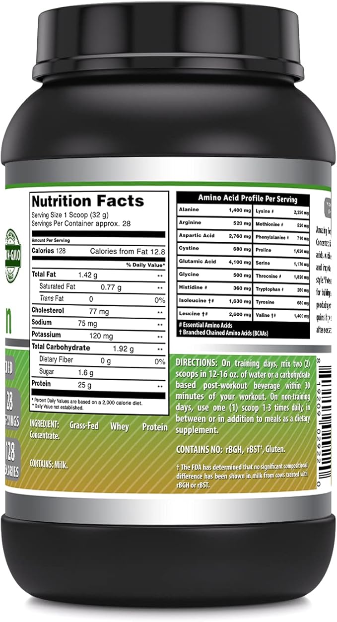Amazing Formulas Grass FED Whey Protein (Non-GMO, Gluten Free) -Made with Natural Sweetener and Flavor - rBGH & RBST Free -Supports Energy Production & Muscle Growth (Unflavored, 2 Lb)
