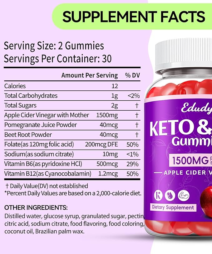 Keto ACV Gummies with B12 B6 – 1500 mg Apple Cider Vinegar Supplement with Pomegranate and Beet Juice, Vegan & Gluten-Free, 180 Gummies for Men & Women