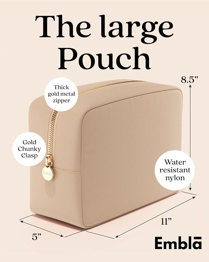 Embla Makeup Bag Travel Cosmetics Pouch and Toiletry Bag, Nylon Zipper Pouch Purse, Cute Make Up Organizer Storage Tote for Women Girls, Waterproof Travel Skincare Case, Large Makeup Bags, Honey Beige