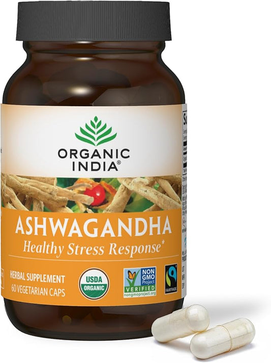 ORGANIC INDIA Ashwagandha Capsules - Organic Ashwagandha Supplement - Vegan Ashwagandha Root, Gluten-Free, Kosher, Non-GMO, Supports Stress Relief, Energy, and Sleep - 60 Capsules