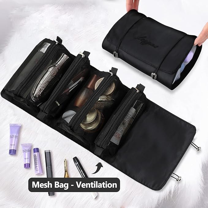 Roll Up Makeup Bag, Hanging Toiletry Bag, 4 in 1 Detachable Cosmetic Bag, 4 Removable Storage Bags, Travel Makeup Organizer Bags for Women Men(Black)