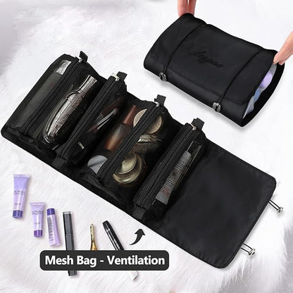 Roll Up Makeup Bag, Hanging Toiletry Bag, 4 in 1 Detachable Cosmetic Bag, 4 Removable Storage Bags, Travel Makeup Organizer Bags for Women Men(Black)