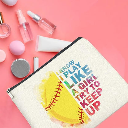 Inspirational Gifts for Women Softball Lovers Makeup Bag, Cosmetic Pouch With Zipper for Girls